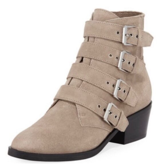 DOLCE VITA Taupe Suede Women's Quadruple Buckle Pointed-Toe Ankle Boots Size 6.5 - Picture 1 of 9